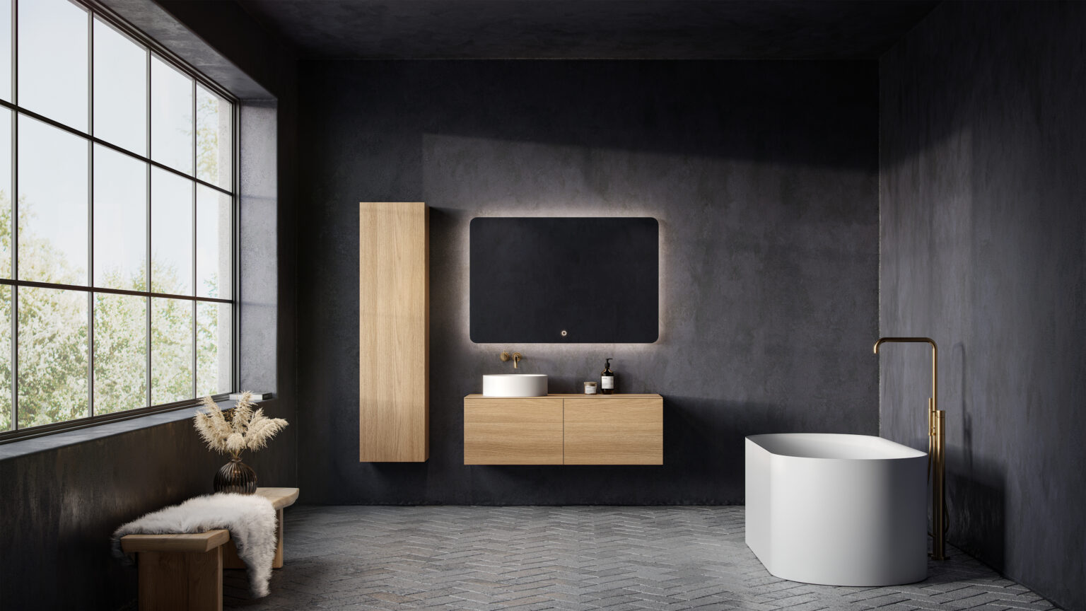Copenhagen bath moderne skandinavisk design for moderne bad med japandi inspirasjon. Her vises Bergen innredning i lys eik
