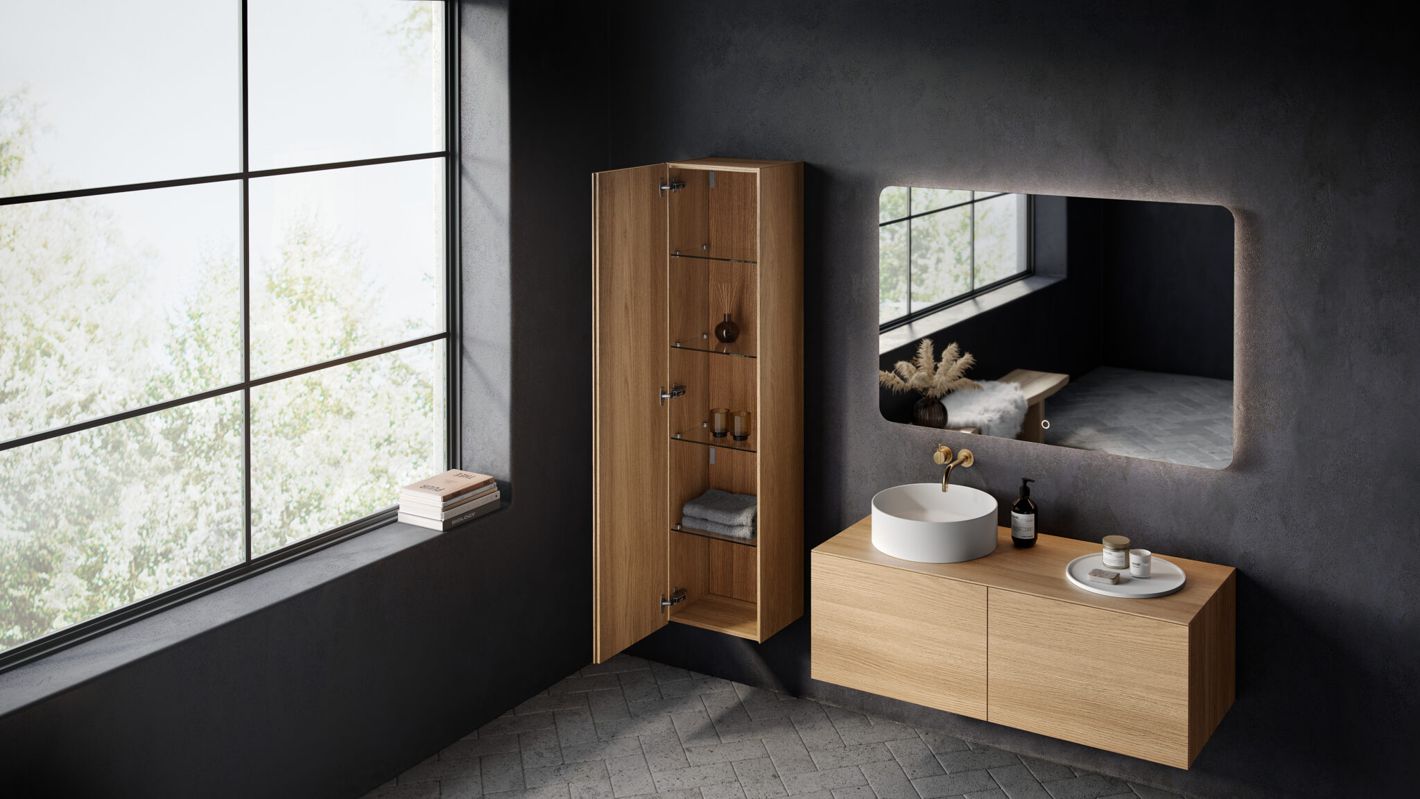Copenhagen bath moderne skandinavisk design for moderne bad med japandi inspirasjon. Her vises Bergen høyskap i lys eik
