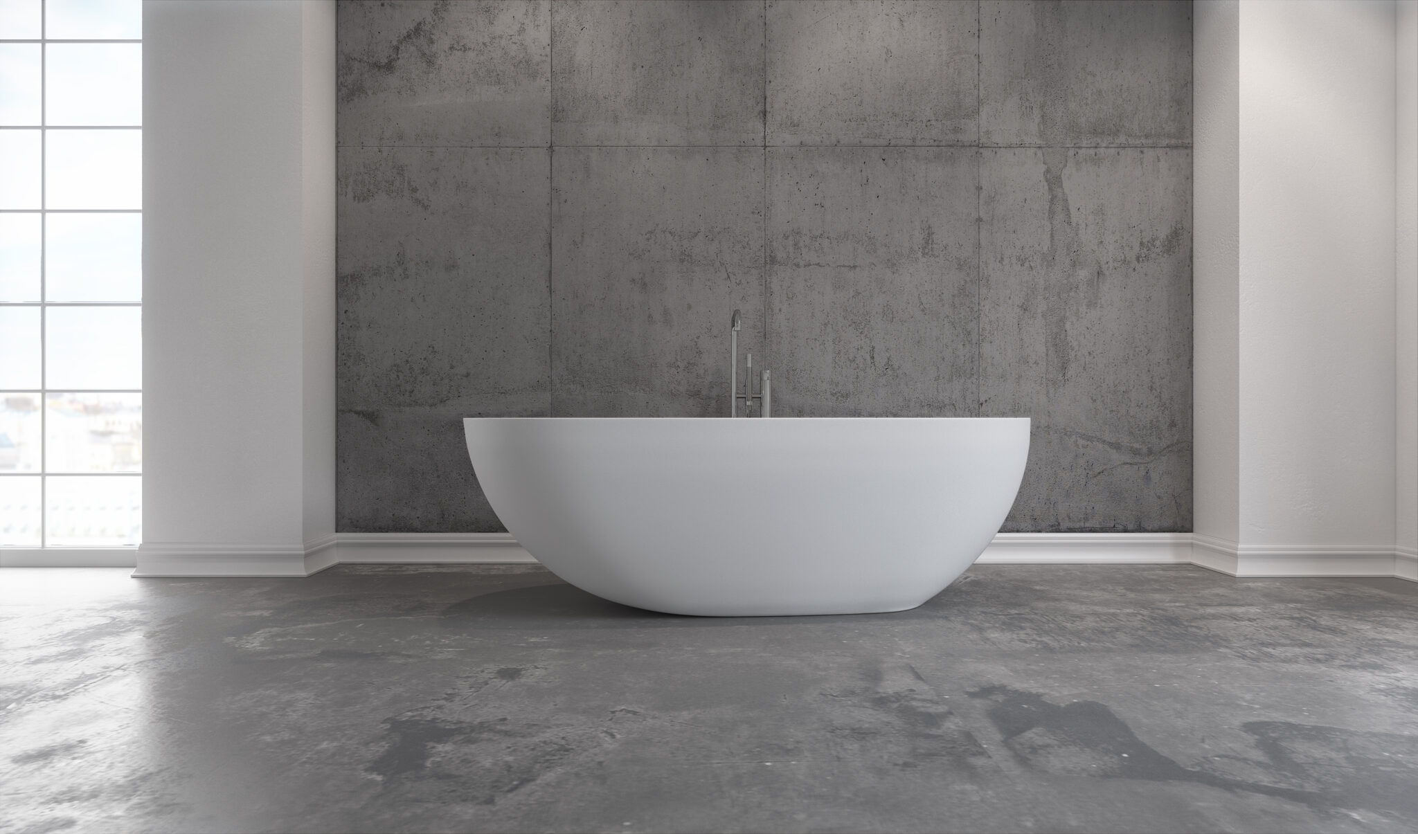 Et svært eksklusivt og kontrastfylt designbadekar i en vakker matt hvit Acovi®, som byr på en unik kombinasjon av raffinert eleganse og et industrielt uttrykk,