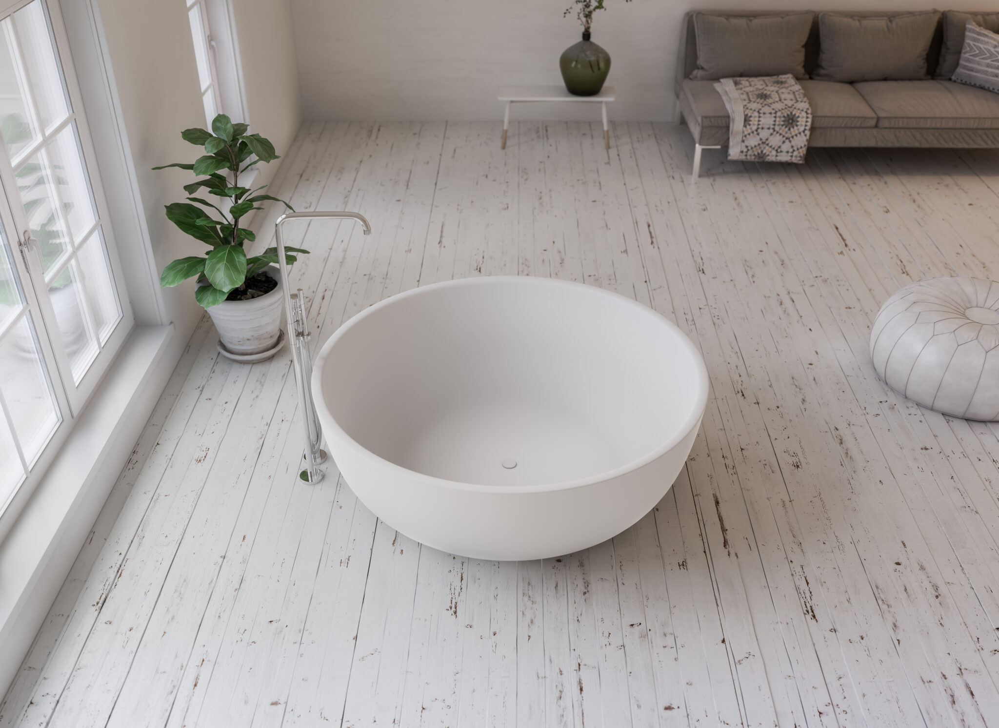 Det stilige Acovi® materialet har gjort det mulig for Copenhagen Bath å designe dette vakre runde og nærmest svevende badekaret,