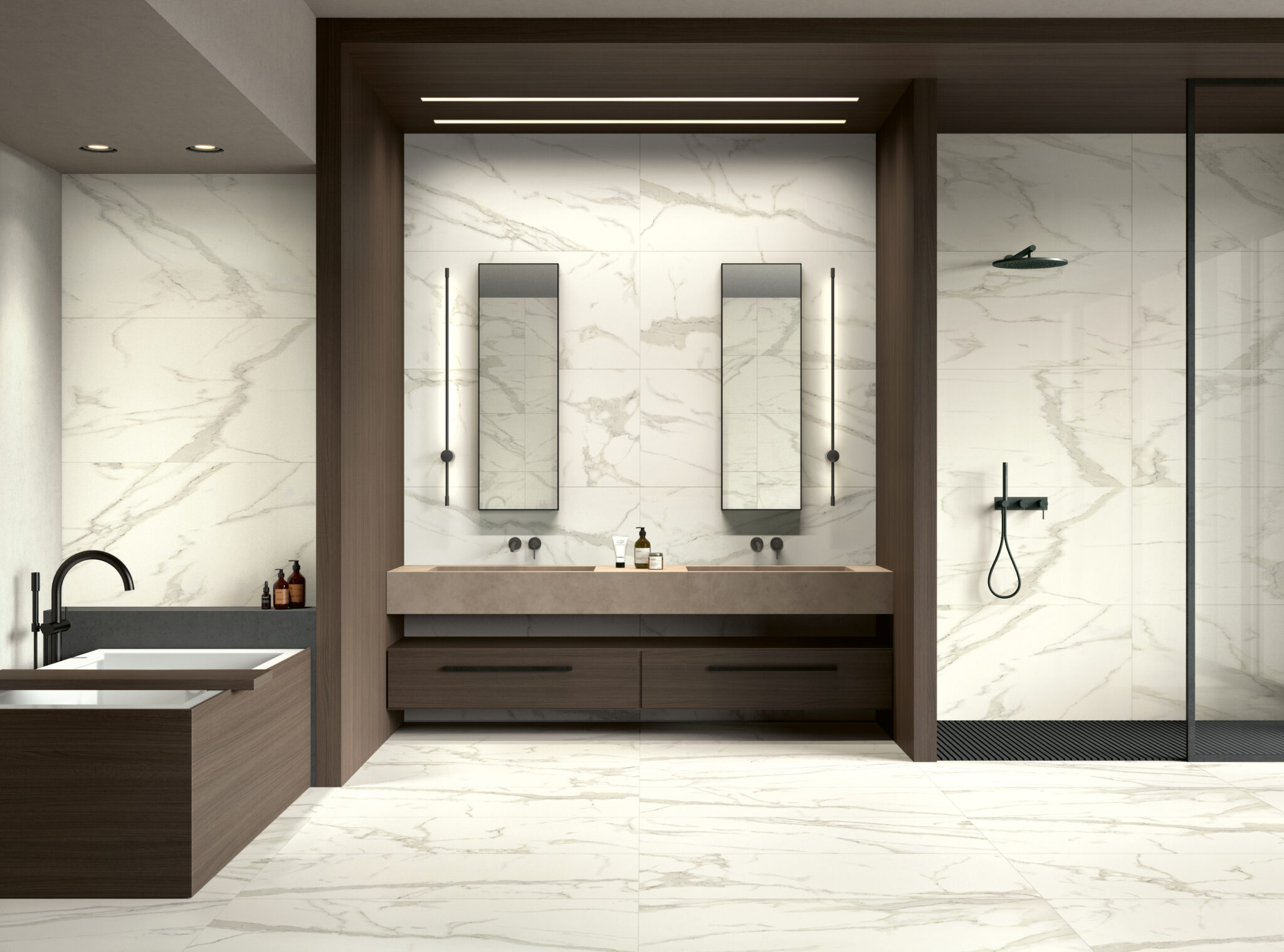 Calacatta marmorfliser bad med amme flis på gulv og vegg