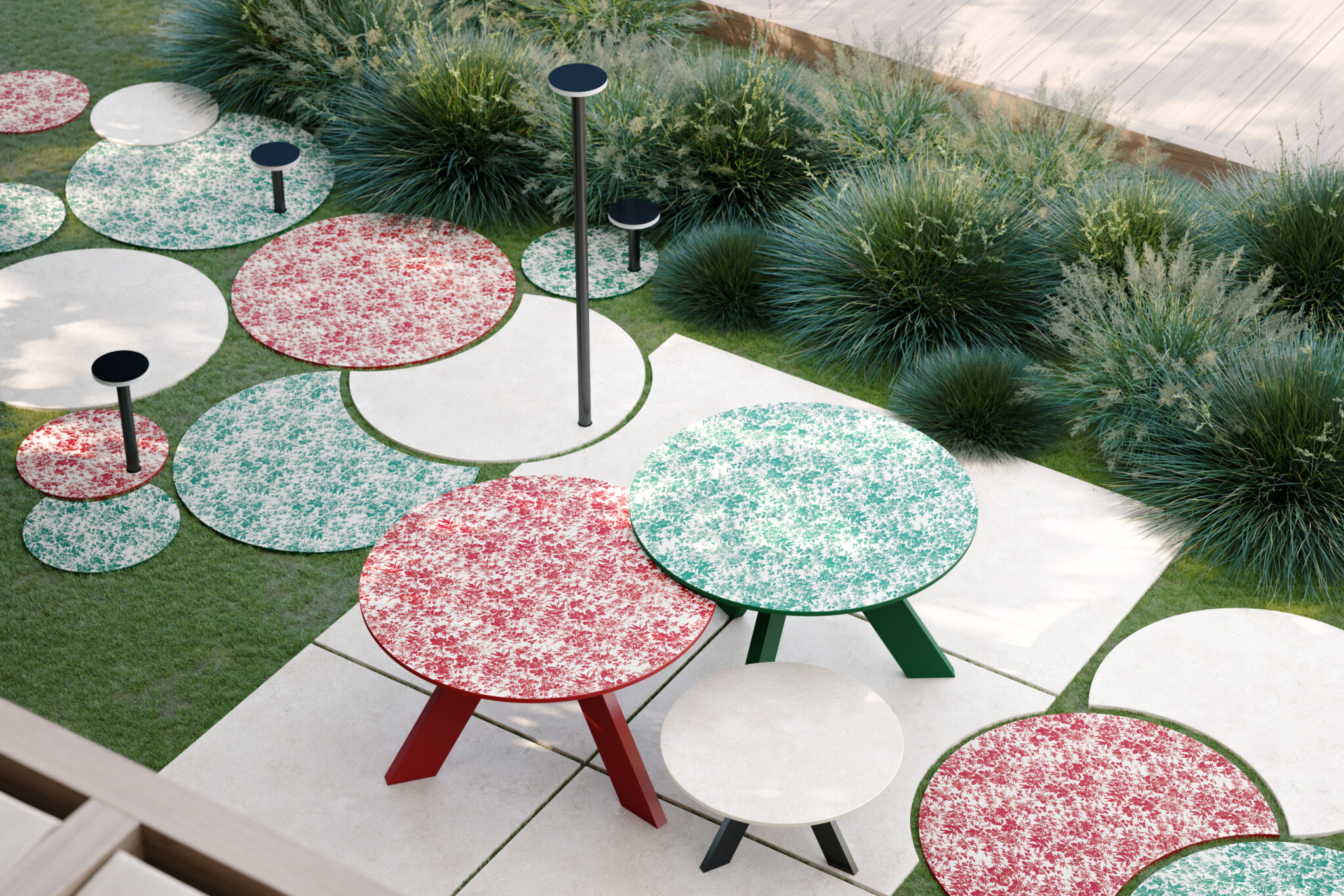 Pas Japonais Zen hage runde fliser i Japandi stil ute . Eller stt farge på møblene inspirert av Paola Lenti