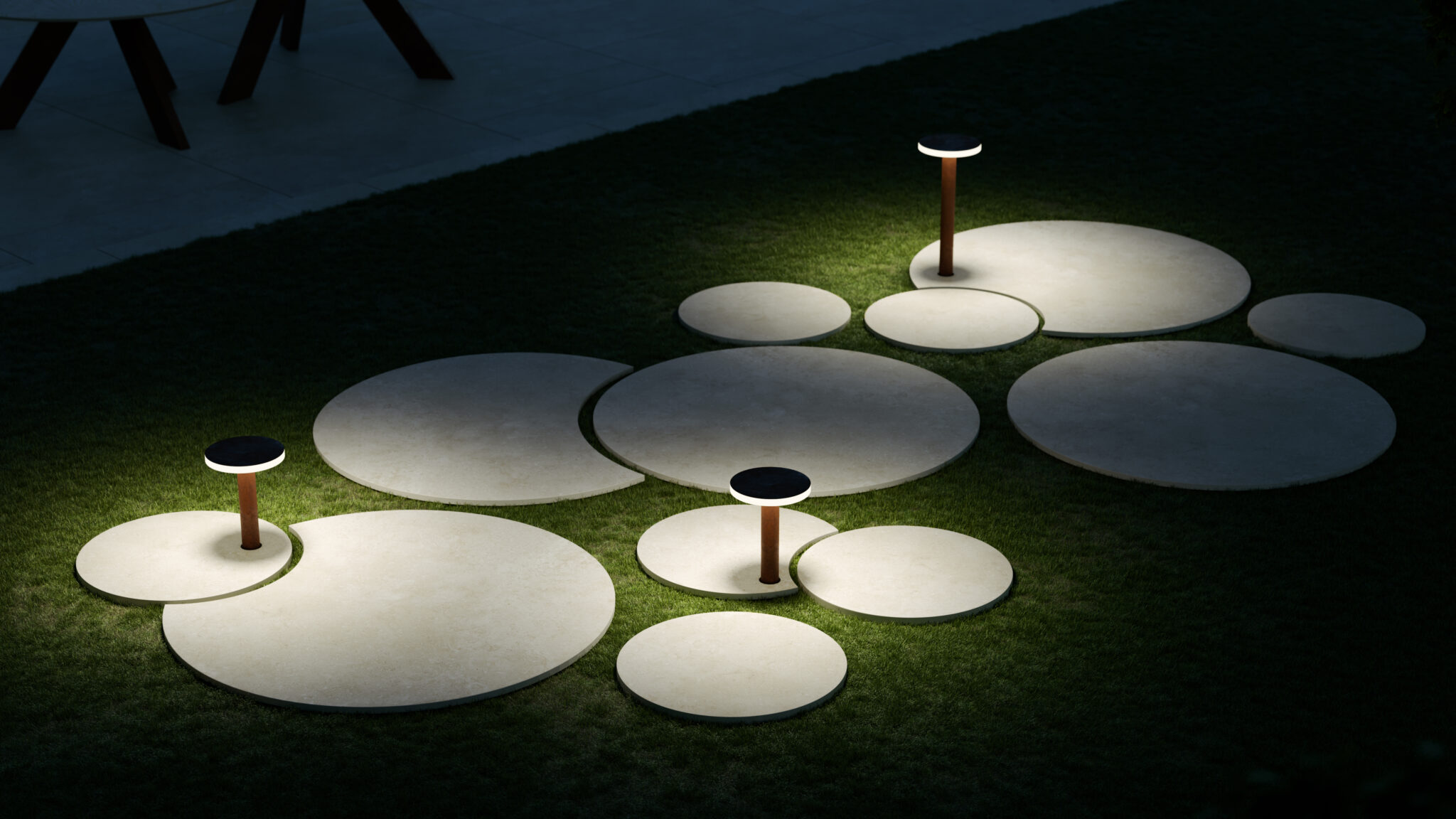 Pas Japonais Zen hage runde fliser i Japandi stil ute med lamper i flis
