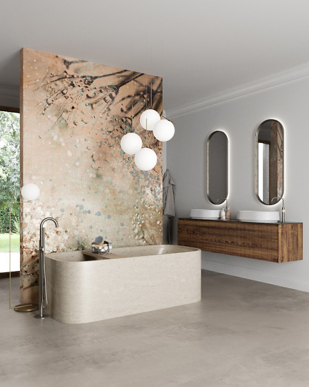 Våtromstapet bak badekaret med spennende naturmønster fra Inkiostro Bianco
